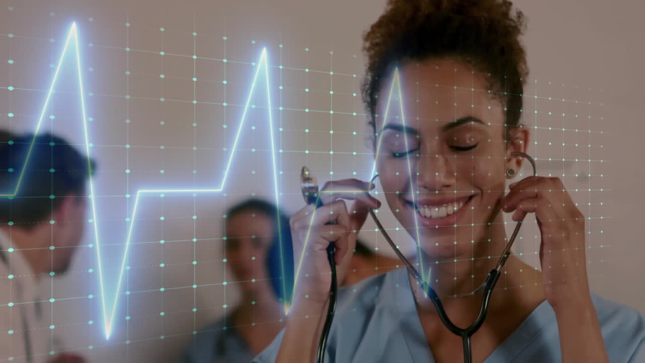 Animation of cardiograph over african american female doctor using stethoscope