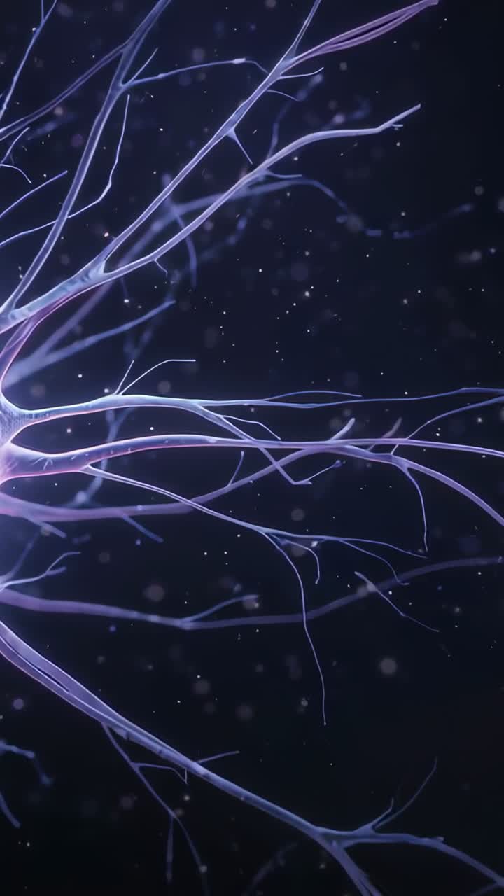 Vertical video: Pulsing soma in void, branches swaying lights pulsing specks drifting, copy space