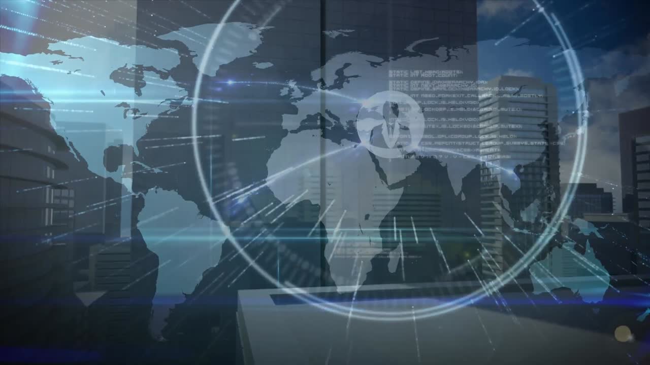 세계 지도, 데이터, 사무실 건물에 대한 연결과 함께 디지털 화면의 애니메이션
