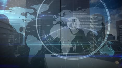 animation of digital screen with world map, data, connections over office buildings