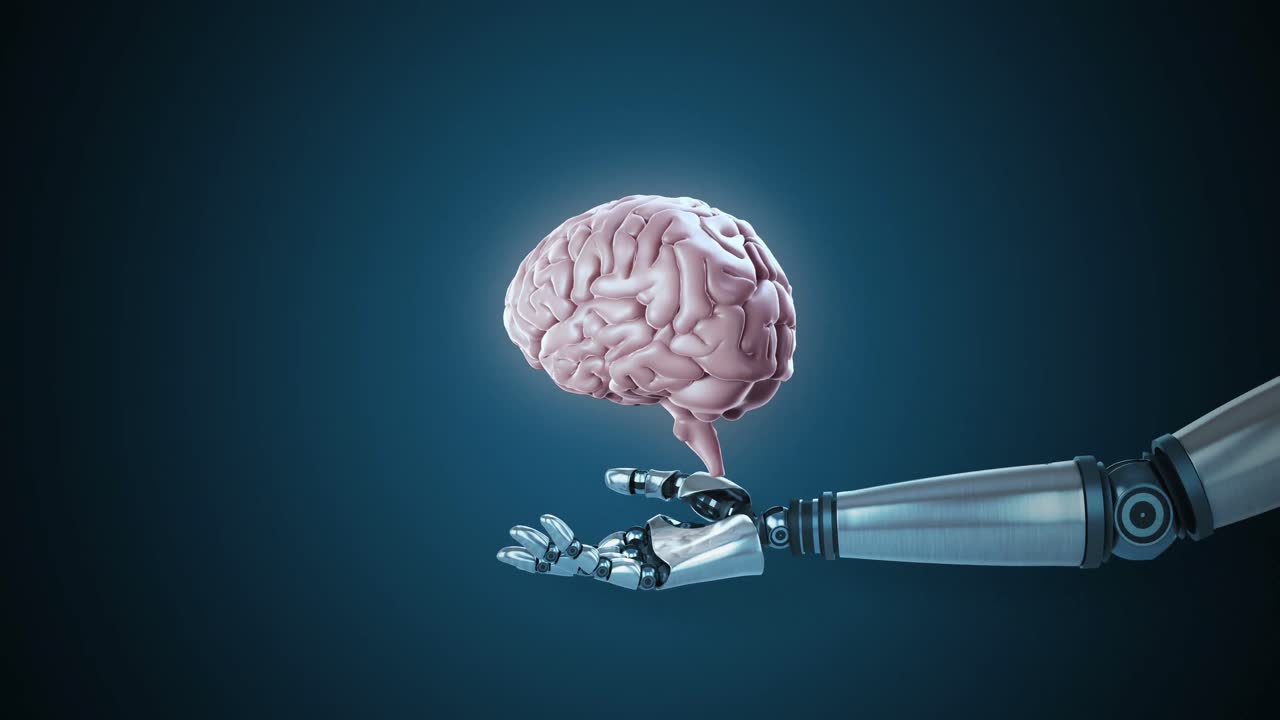 Robotic hand presenting digital human brain