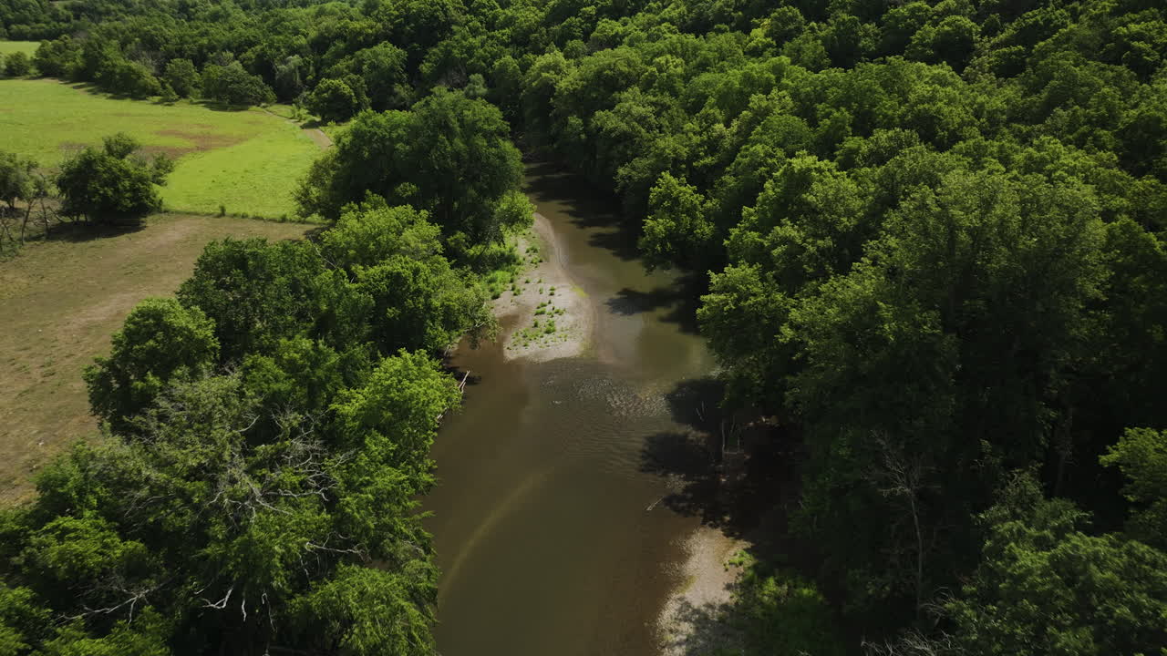 Bird's eye view aerial of Zumbro river natural park in Oronoco, USA, forward