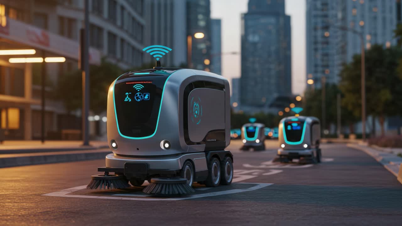 Futuristic Autonomous Cleaning Robots Navigating a Modern Urban Street Scene During Twilight Hours with Innovative Technology Features