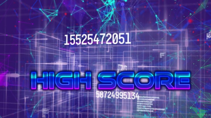 Animation of high score text over data processing and network of connections