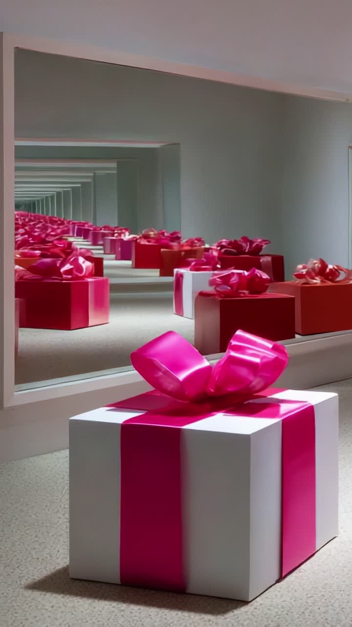 Una straordinaria esposizione di pacchi regalo che si riflettono in uno specchio, con vivaci fiocchi rosa e rossi, creando un'immagine accattivante di motivi ripetuti e atmosfera festosa