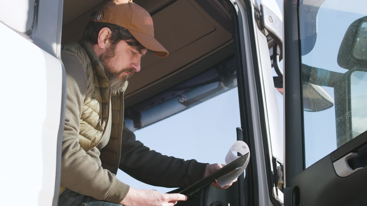 trabajador con chaleco y gorra organizando una flota de camiones en un parque logístico mientras lee documentos en un camión 1