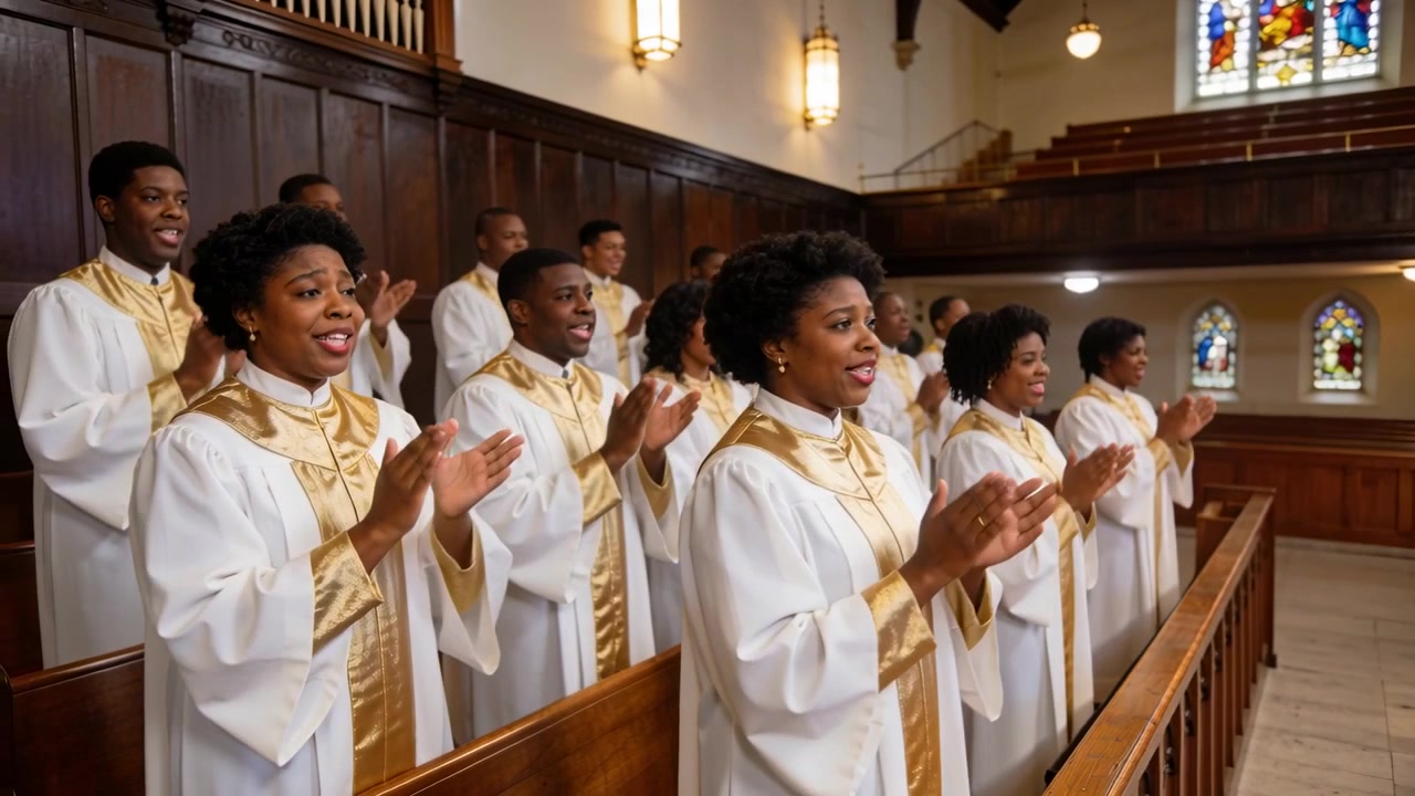 Singing church choir in robes with gold-trim stoles responding to organ cue in sanctuary clapping