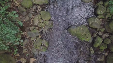 Rushing-creek-on-Nuuanu-Trail-by-Ginger-Pond-in-Hawaii-Kai-east-Honolulu,-aerial-top-down-dolly