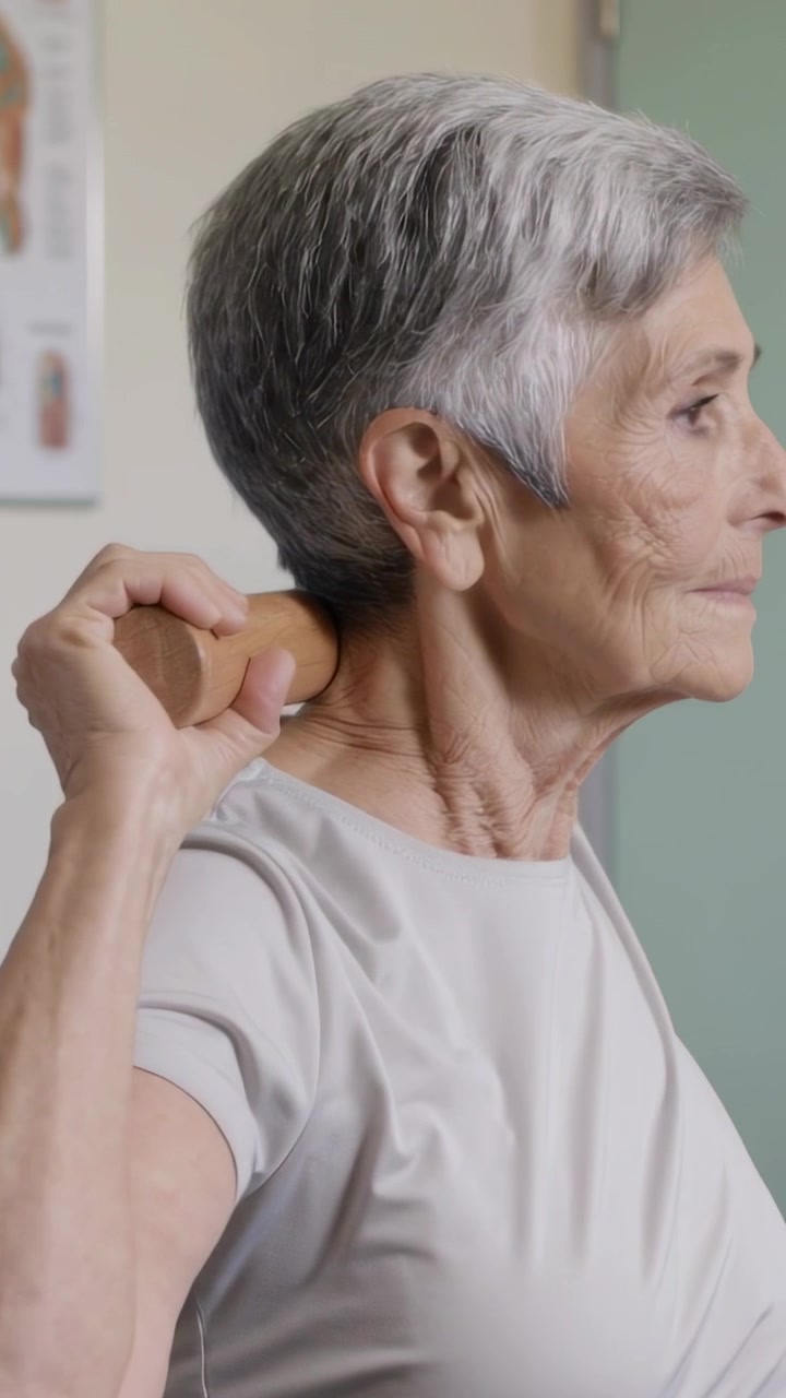 Video verticale: Donna anziana che posiziona un tassello di legno dietro il collo, ruotando la testa e regolando l'asta durante la riabilitazione.