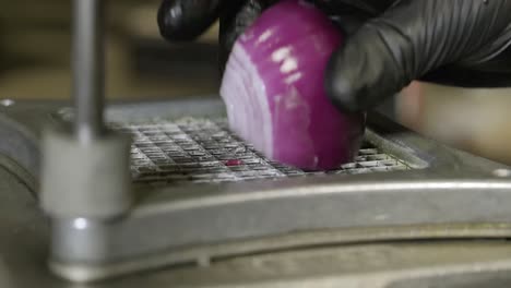 chopping red onion with a machine