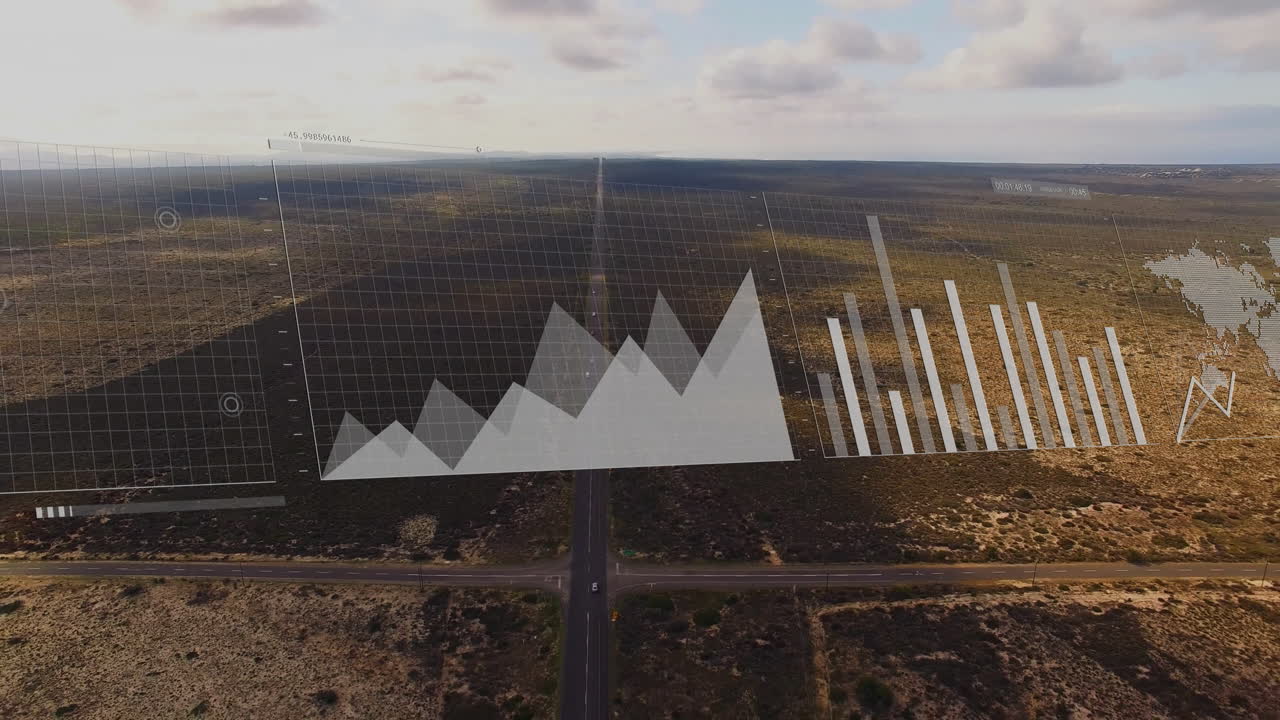 gráfico y gráfico de barras animación sobre vista aérea de la carretera a través del paisaje del desierto