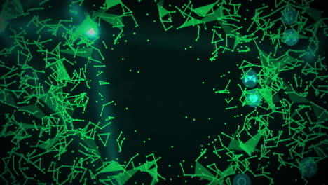 forming abstract digital network, glowing green geometric shapes on dark background