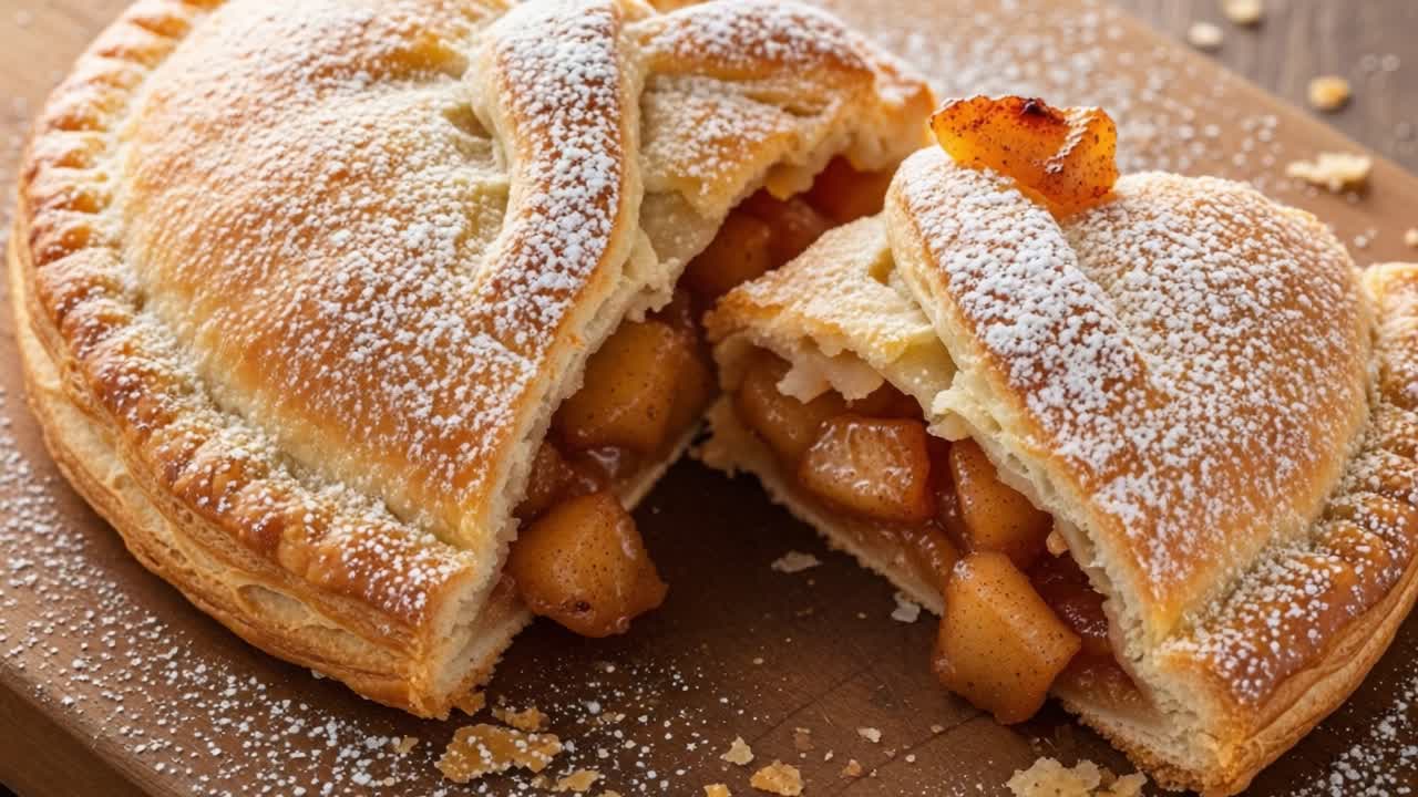 Delicious Apple Pie Slices: A Close-Up View of Golden Brown Crust and Sweet, Sugary Filling with a Dusting of Powdered Sugar on a Wooden Surface