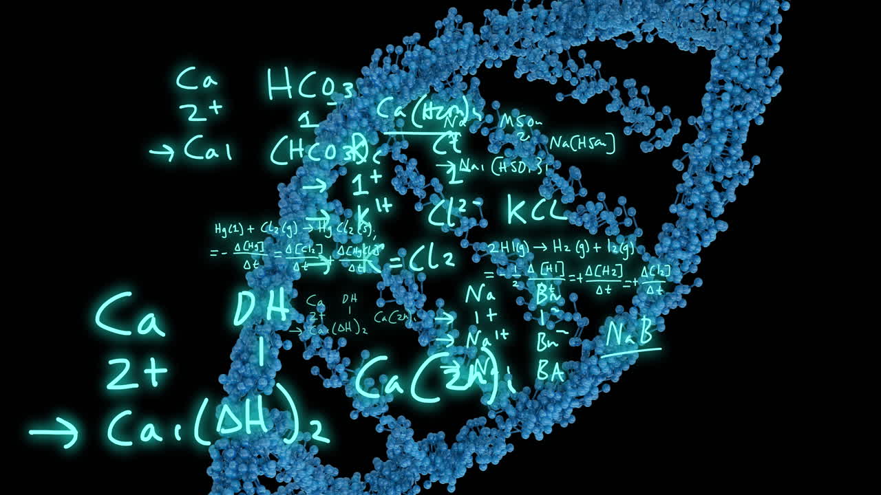Animation of mathematical equations over dna strand on black background