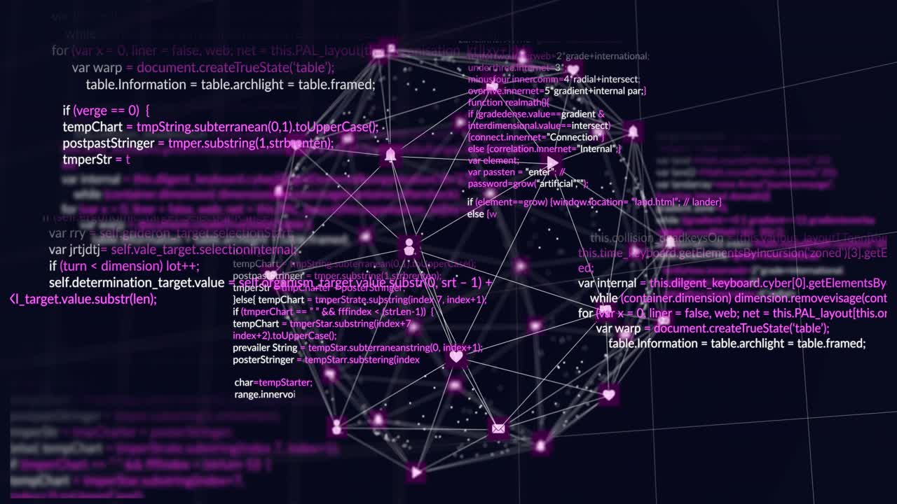 Code-triggered rotation showing 3D purple network sphere pulsing nodes and visualizing data flow