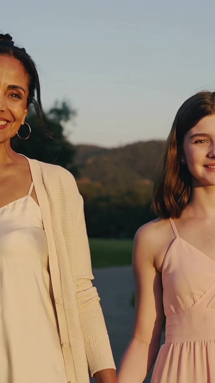 Vídeo vertical: Mulher e criança caminhando de mãos dadas em direção à câmera em um caminho ao pôr do sol, vestindo vestidos.