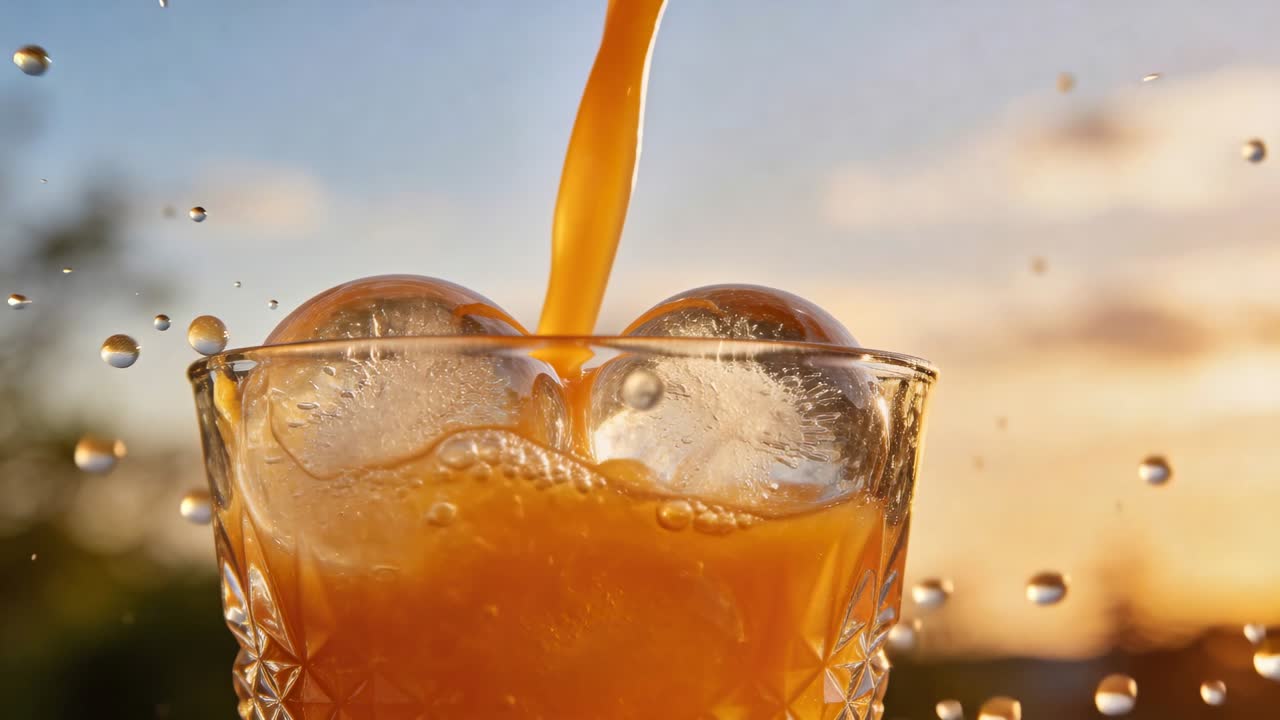 Un getto di succo ambrato scende dall'alto colpendo un bicchiere di cristallo su un patio, sommergendo sfere di ghiaccio e riempiendo il bicchiere.
