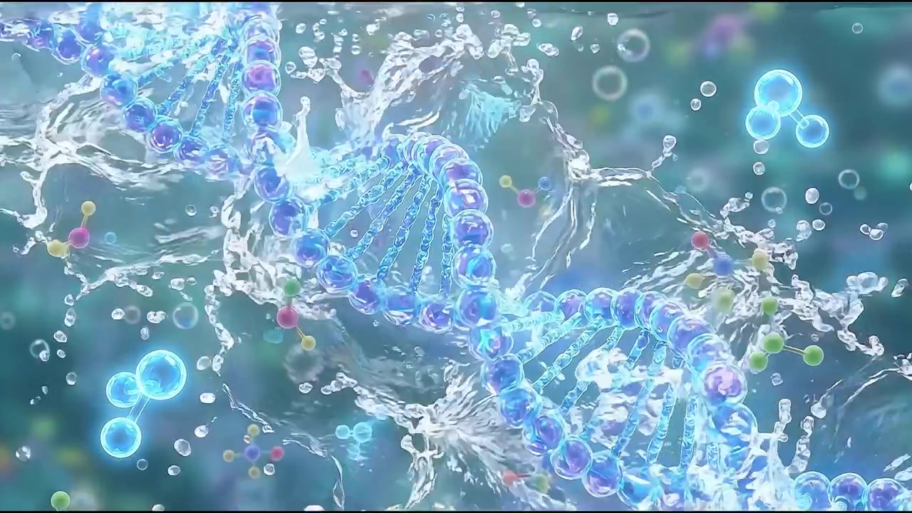 水しぶきが舞うDNAらせん構造の3Dアニメーション。