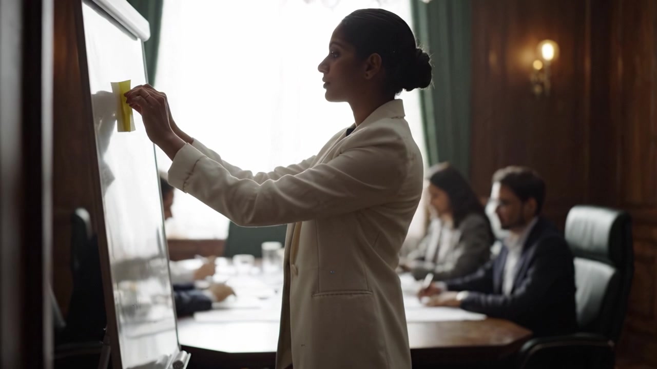 Una donna professionista presenta idee durante una riunione collaborativa in una sofisticata sala conferenze, coinvolgendo il suo pubblico attraverso supporti visivi e discussione