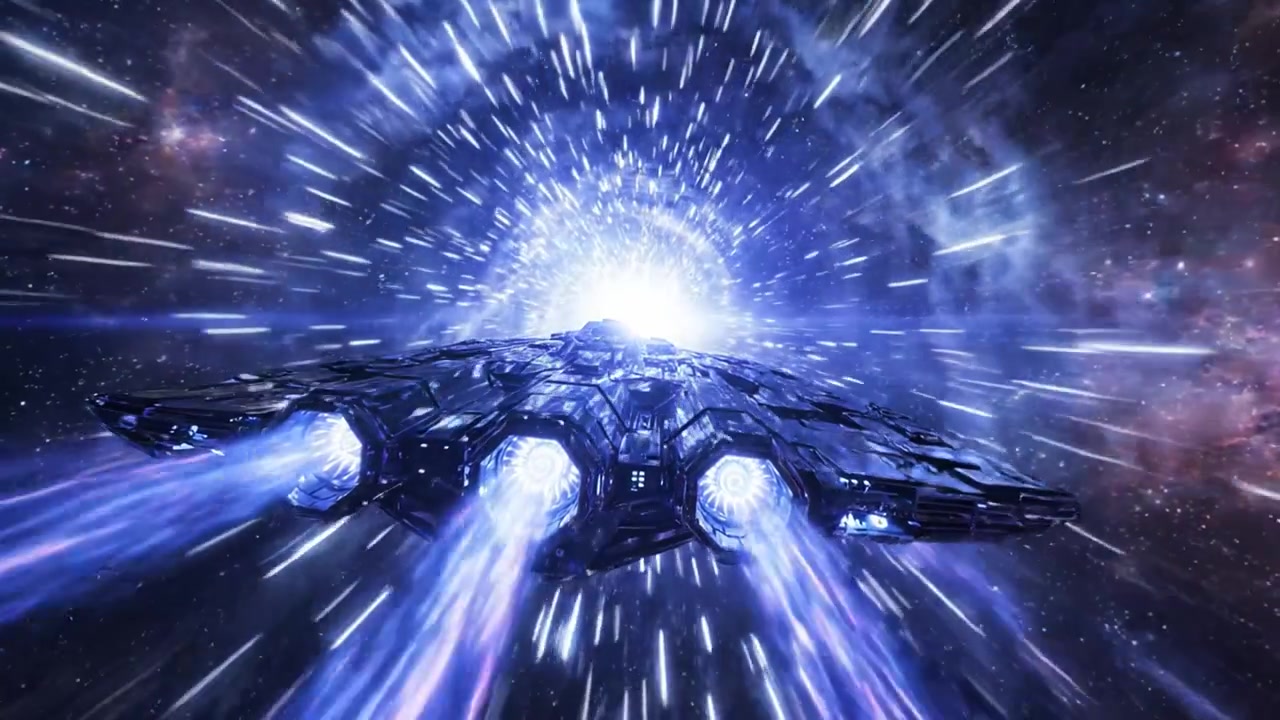 Un viaggio mozzafiato attraverso il tempo e lo spazio cosmico: un'astronave futuristica si propelle attraverso un vortice di stelle e galassie in uno sfavillante spettacolo di luce e movimento.