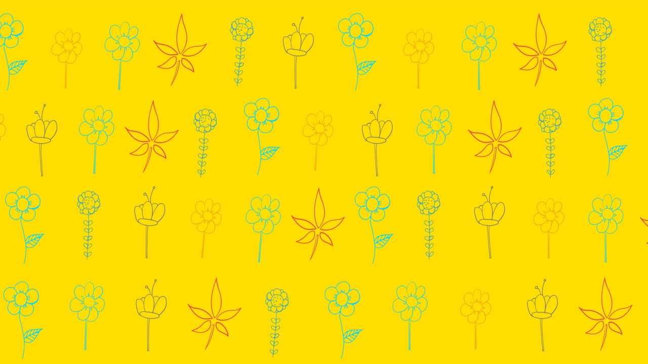 Animation of multiple red and green flowers moving over yellow background