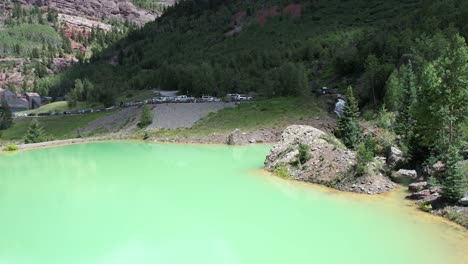 Aerial-View-of-Turquoise-Lake-Water-in-Valley-Above-Telluride,-Colorado-USA,-Drone-Shot