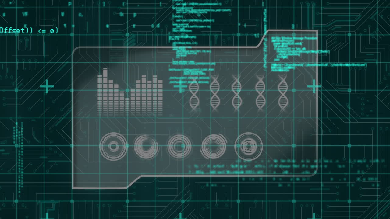 Digital interface with data processing against microprocessor connections on black background