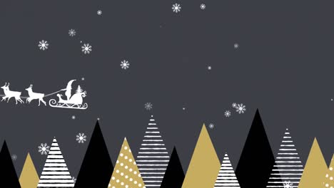 Animation-of-santa-claus-in-sleigh-with-reindeer-over-fir-trees-and-falling-snow