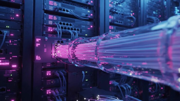 Illuminated Data Center with Colorful Optical Fibers and Network Servers Showcasing High-Speed Connectivity in a Modern Technology Environment