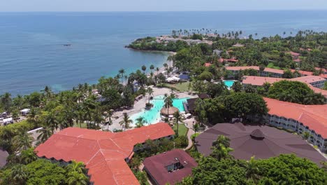 cofresi beach swimming pool and resort at puerto plata in dominican republic, aerial drone backward view