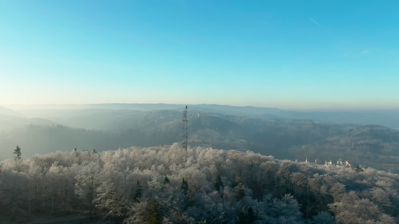 이른 따뜻한 햇빛 유럽 도시와 추운 겨울 아침에 소나무 숲의 공중 전망