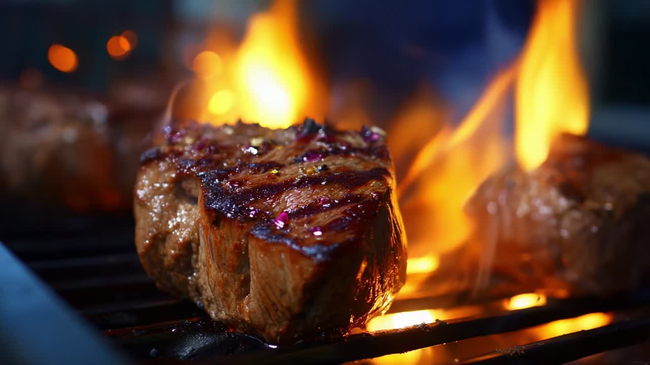 Grilling Perfectly Cooked Steak Over Open Flames: The Art of Barbecue Mastery Showcased in a Captivating Video Sequence Highlighting Fire and Flavor