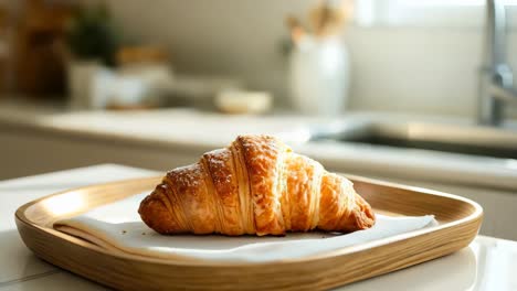 un croissant sentado en la parte superior de un plato de madera en una mesa
