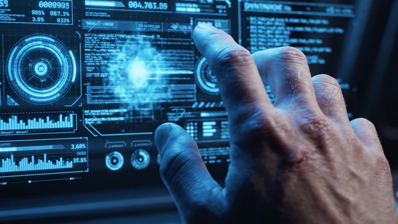 A Close-Up View of a Hand Interacting with a High-Tech Digital Interface, Showcasing Advanced Data Visualization and Touchscreen Functionality in a Futuristic Setting