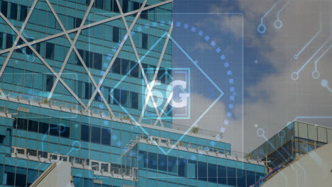 digital interface animation over modern glass building with geometric patterns