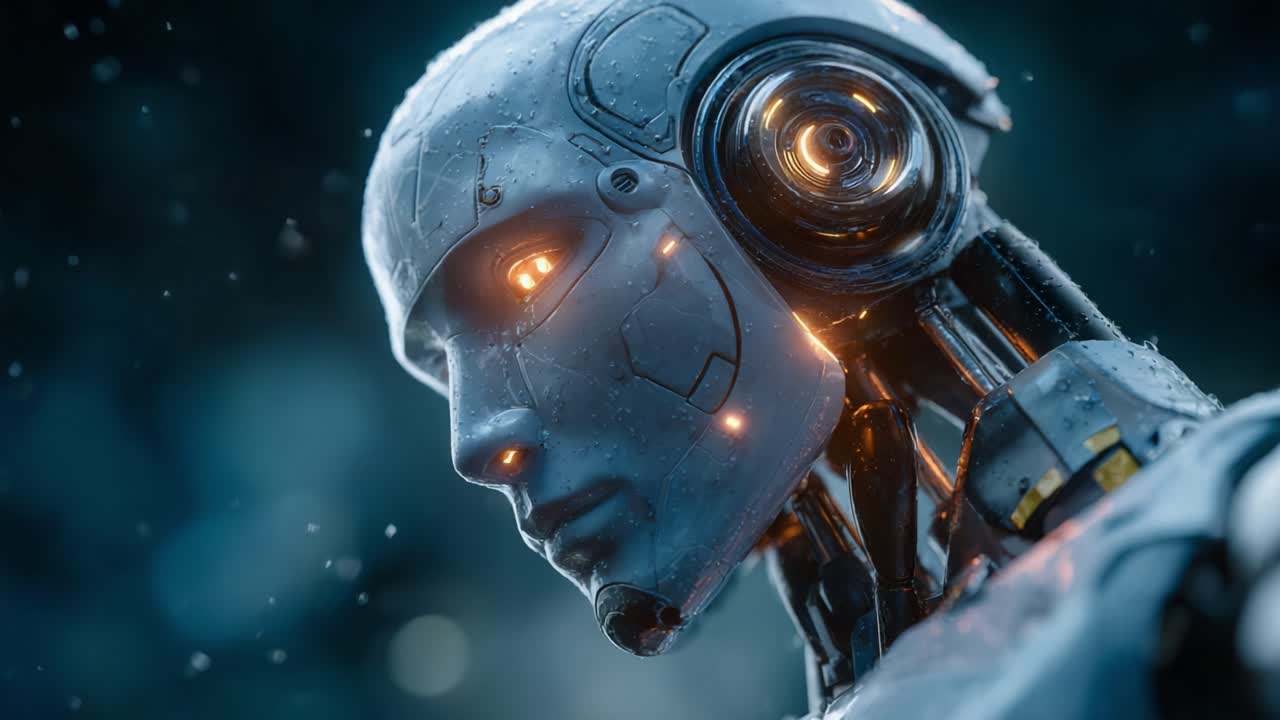 A Close-Up View of a Futuristic Robot's Face with Glowing Features and a Sleek Metallic Finish, Capturing the Essence of Advanced Technology and Robotics