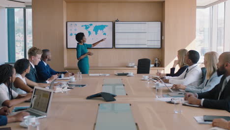 business woman presenting successful solution to shareholders celebrating with applause congratulating female executive for growth in sales clapping hands in office boardroom meeting