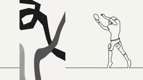 animación de dibujo de un jugador de rugby masculino atrapando la pelota y formas en fondo beige