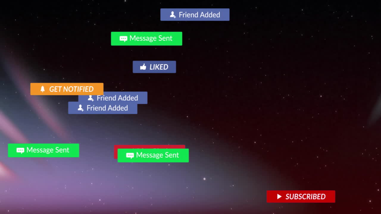 Floating social notifications drifting across starry cosmos highlighting orange Get Notified button