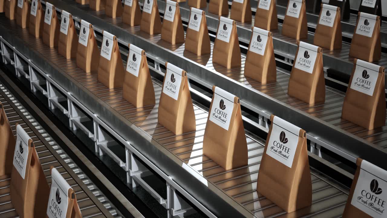 Roasted Coffee Beans In Package On Conveyor Belt In Factory. Coffee Production