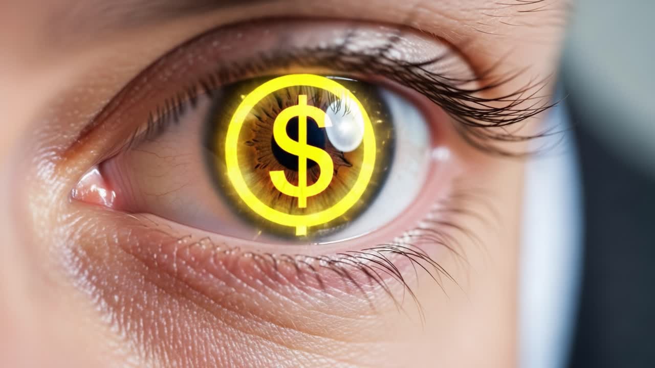Et spændende nærbillede af et øje med dollartegn-refleksioner, der symboliserer rigdom og økonomiske ambitioner og indfanger essensen af økonomiske perspektiver og ambitioner