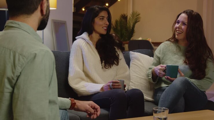 Relaxed Group Of Friends Sitting On Sofa At Home Or In Bar Or Coffee Shop Talking And Drinking Coffee Together 1