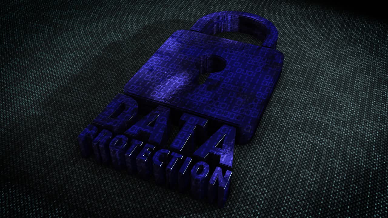 Stylish and hyper realistic 3D CGI render of a stylised system security padlock on a hitech surface overlaid with animated binary code with the message Data Protection in metallic blue