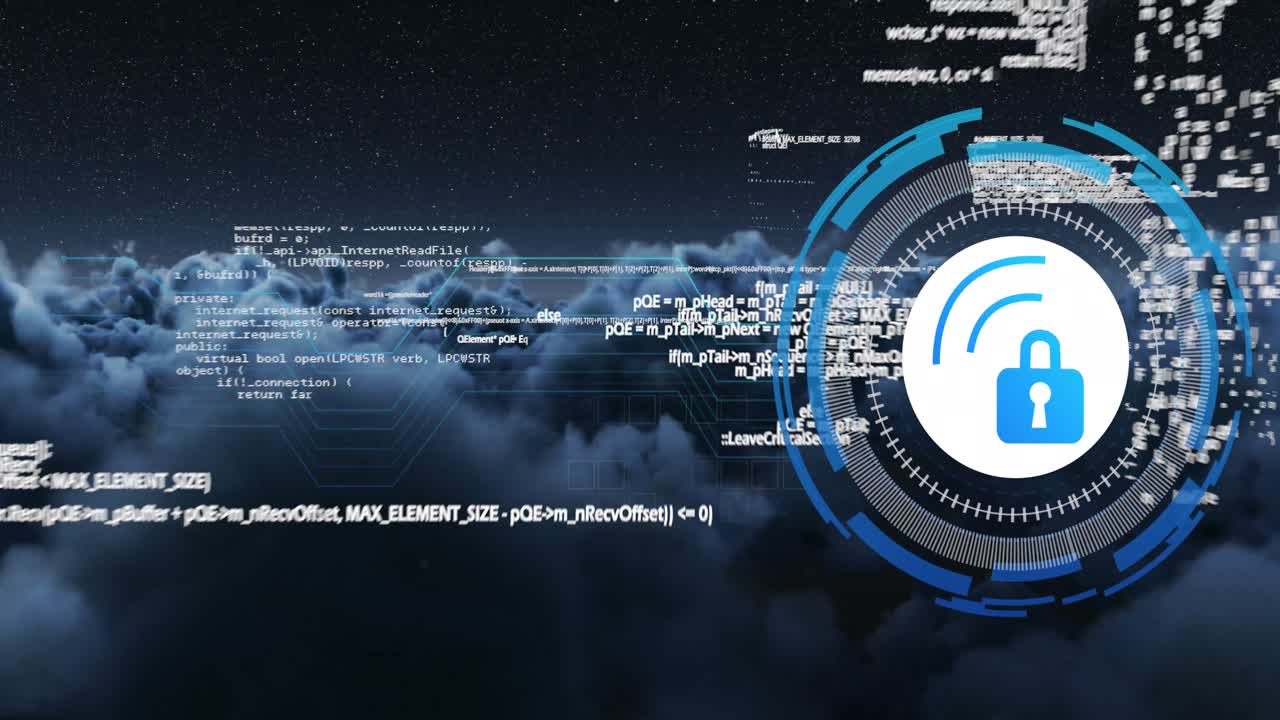Animation of data processing with padlock icon over clouds