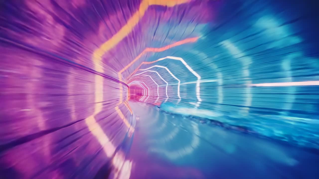 Entering viewer perspective gliding through hexagonal tunnel, showing neon light streaks