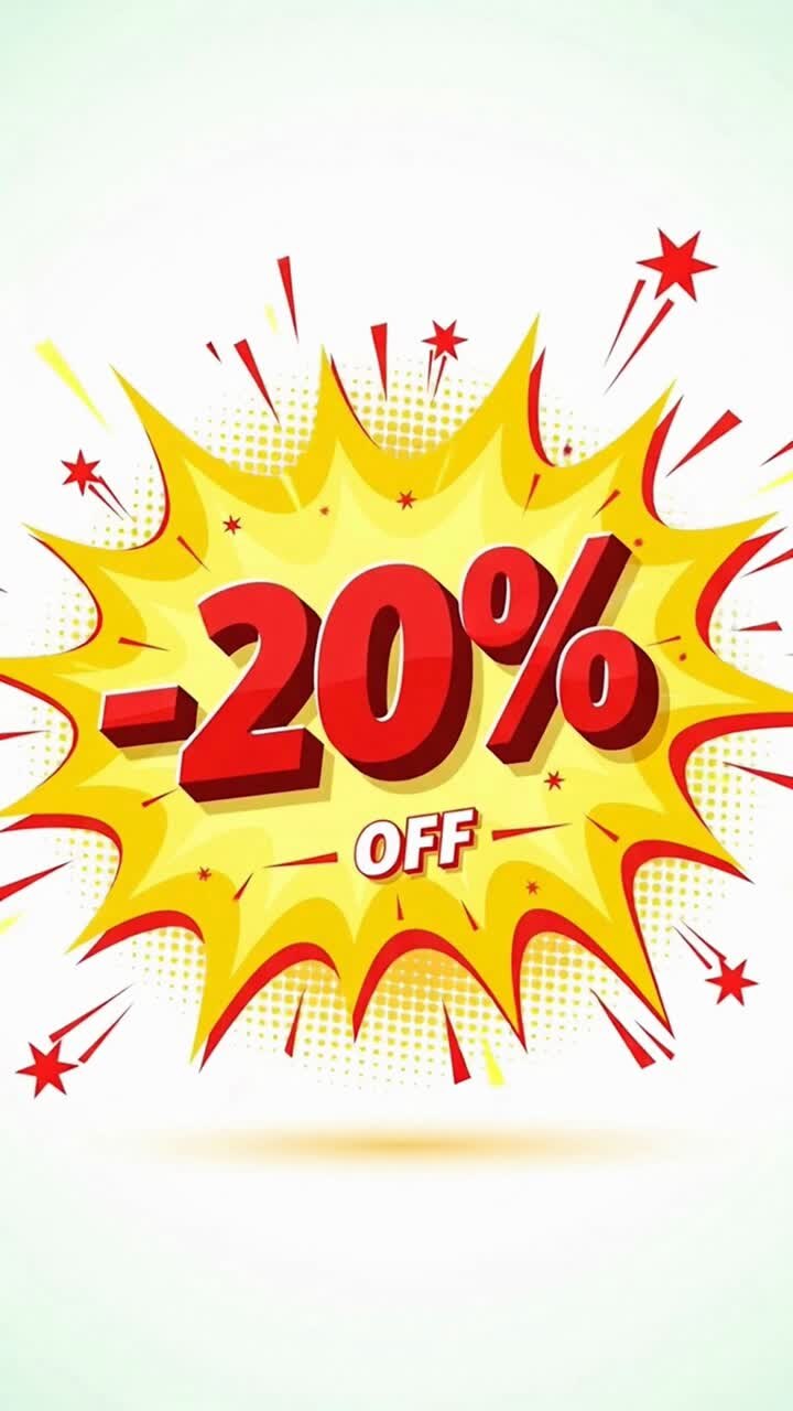 Un'esplosione rossa e gialla con un cartello con sconto del 20% al centro