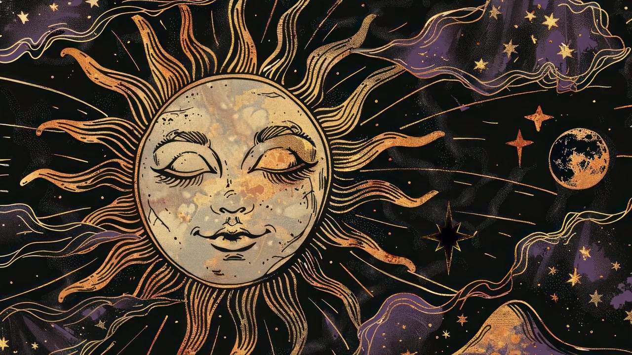 Animated Celestial Sun and Moon Illustration with Twinkling Stars