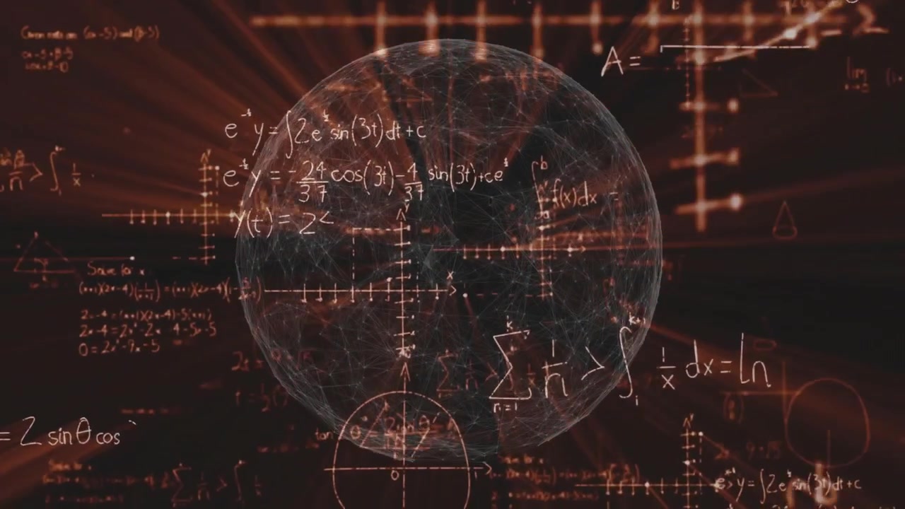 Digital Sphere Surrounded by Floating Mathematical Formulas and Geometric Equations