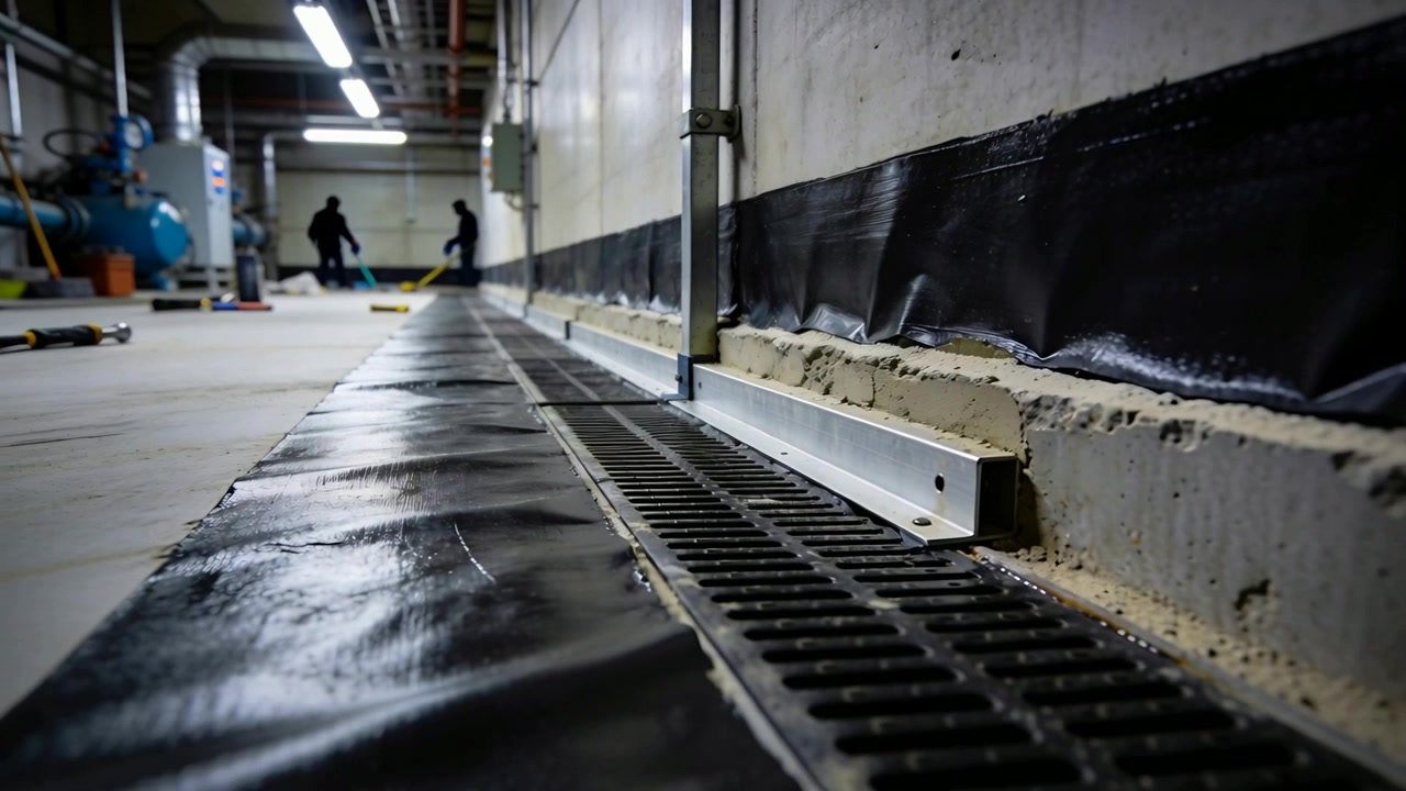 Moving low camera filming linear drain and liner in basement, workers in dark gear inspecting tank