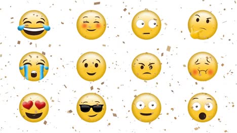 Digitale-Animation-Von-Goldenem-Konfetti,-Das-über-Mehrere-Gesichts-Emojis-Vor-Weißem-Hintergrund-Fällt